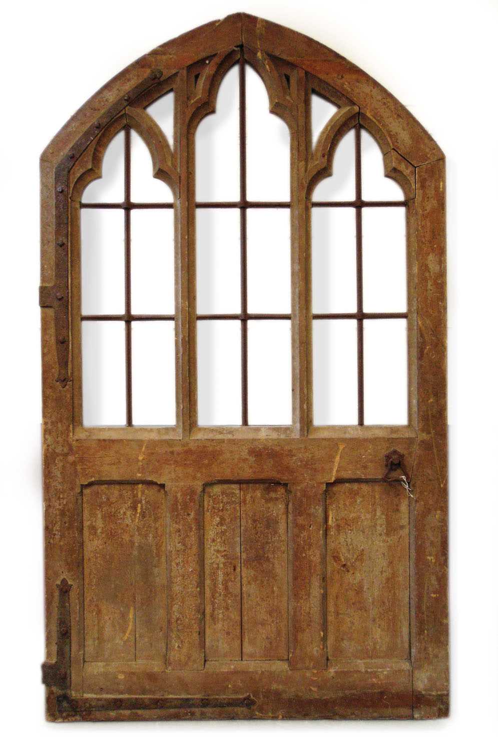 A 19th century scumbled pine Gothic door, the three apertures with cast iron lattice work over the - Image 3 of 3