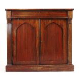 A 19th century rosewood side cabinet, the top over single drawer and two cupboard doors on plinth