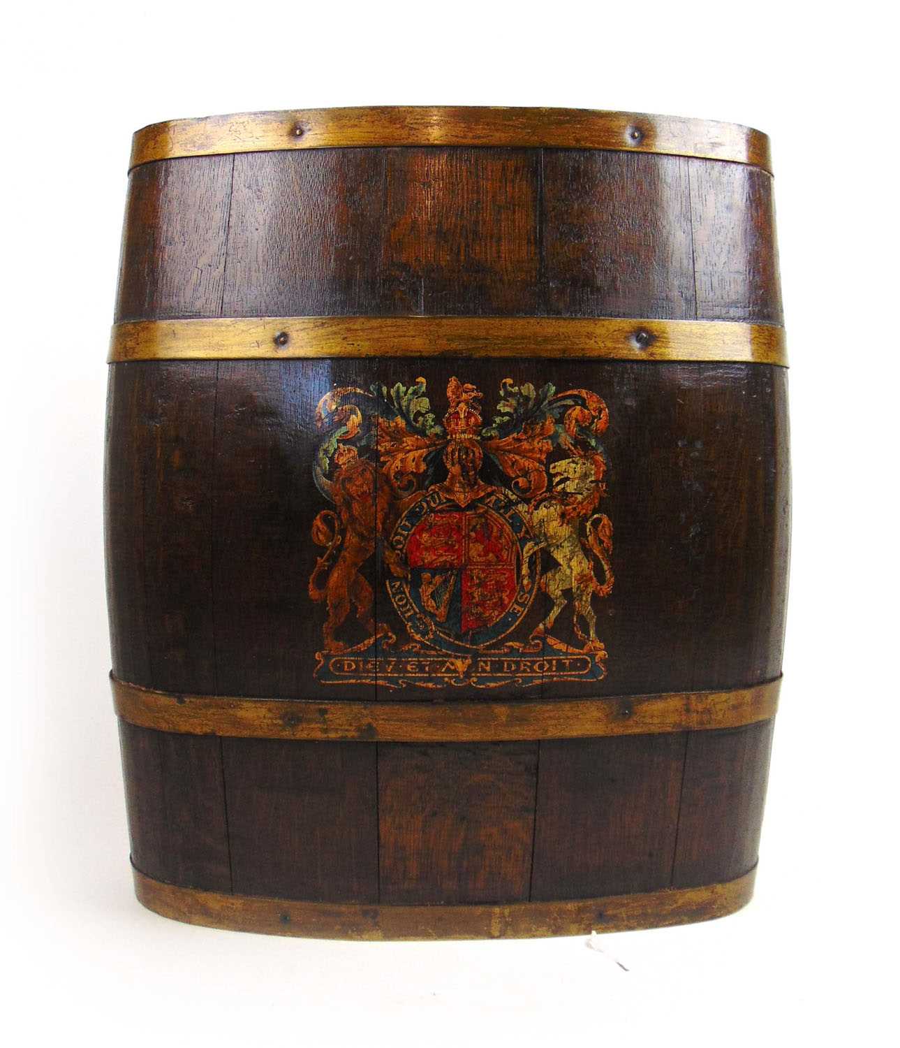 A reproduction 19th century style oak and brass banded barrel with armorial crest, h. 52 cm, w. 46