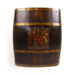 A reproduction 19th century style oak and brass banded barrel with armorial crest, h. 52 cm, w. 46