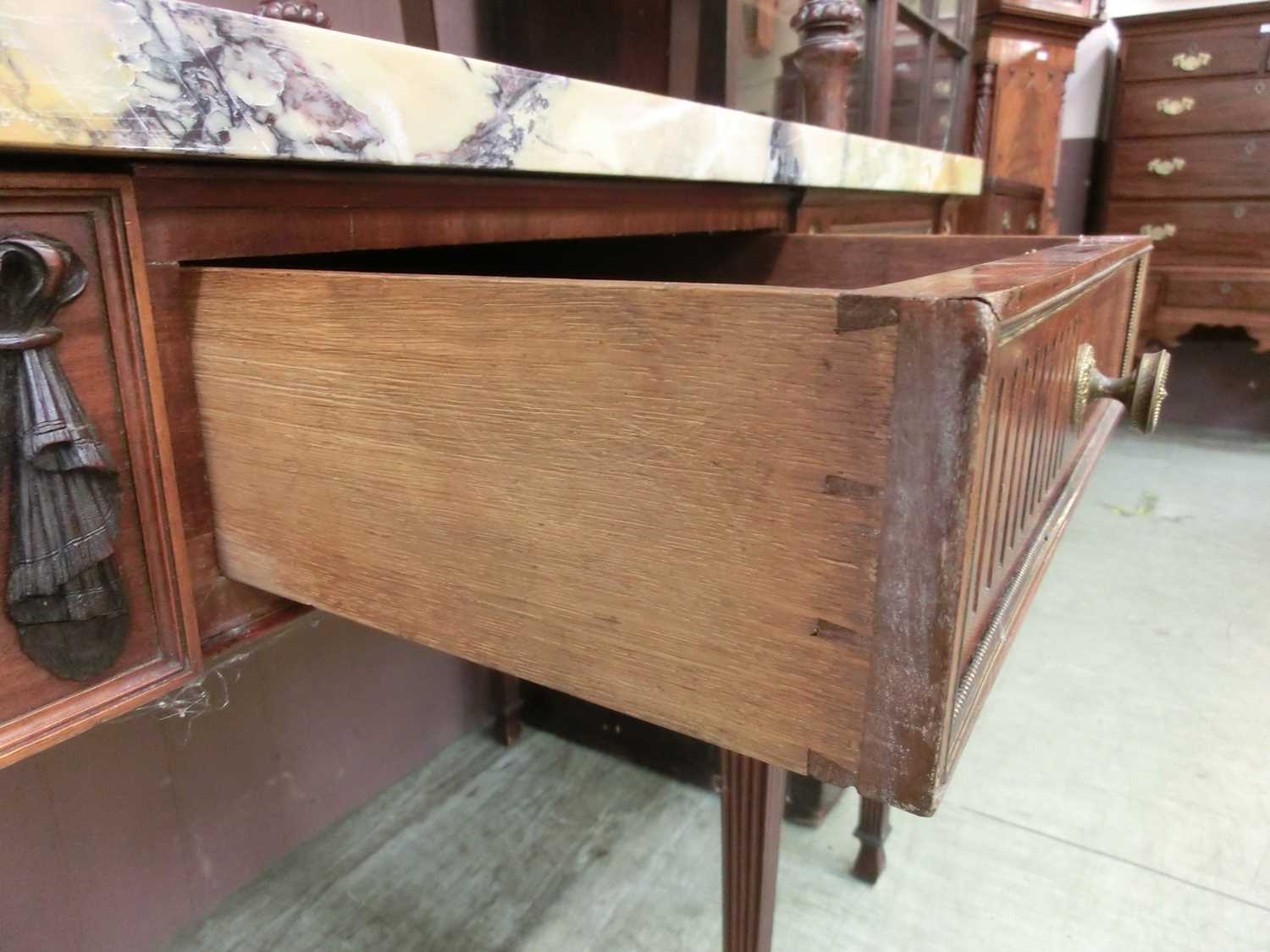 A late 18th century mahogany, parcel gilt, brass mounted, and marble topped sideboard, the yellow - Image 7 of 14