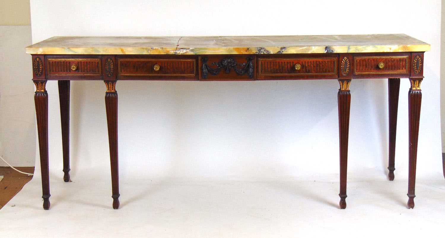 A late 18th century mahogany, parcel gilt, brass mounted, and marble topped sideboard, the yellow - Bild 2 aus 14