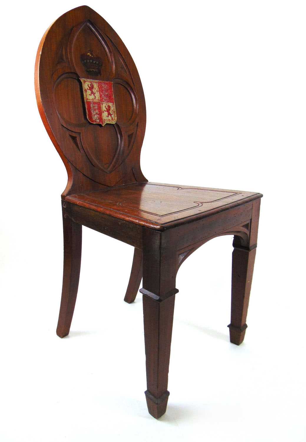 An early 19th century mahogany Gothic hall chair, the carved quatrefoil back with armorial shield - Image 3 of 4