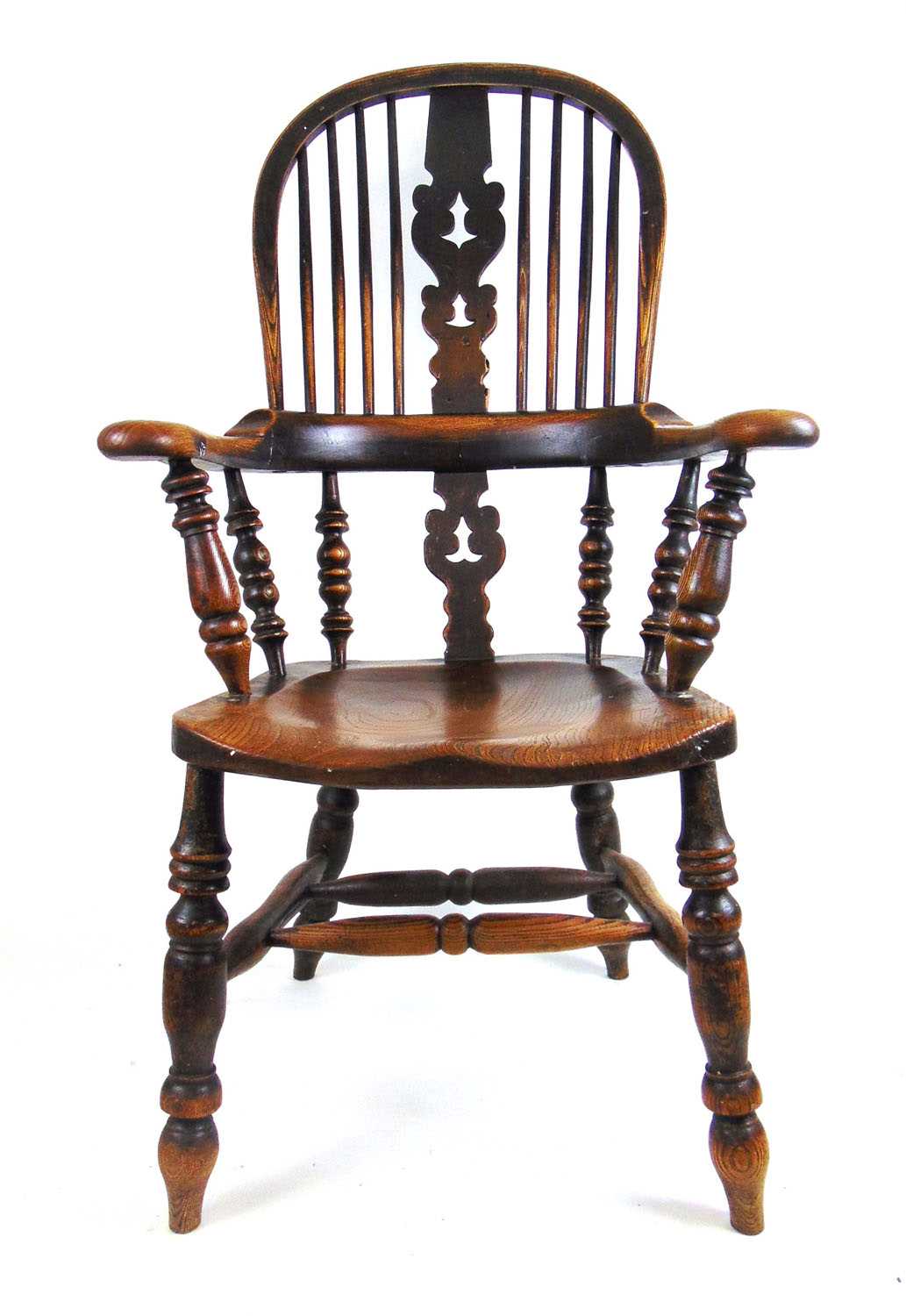 A 19th century ash and elm Windsor chair, the hoop back with pierced splat and turned supports