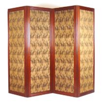 A late 19th century mahogany four fold screen with patterned fabric panels, h. 181 cm, max length