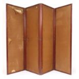 An early 19th century mahogany four fold screen with brown fabric panels, h. 184 cm, max w. 256