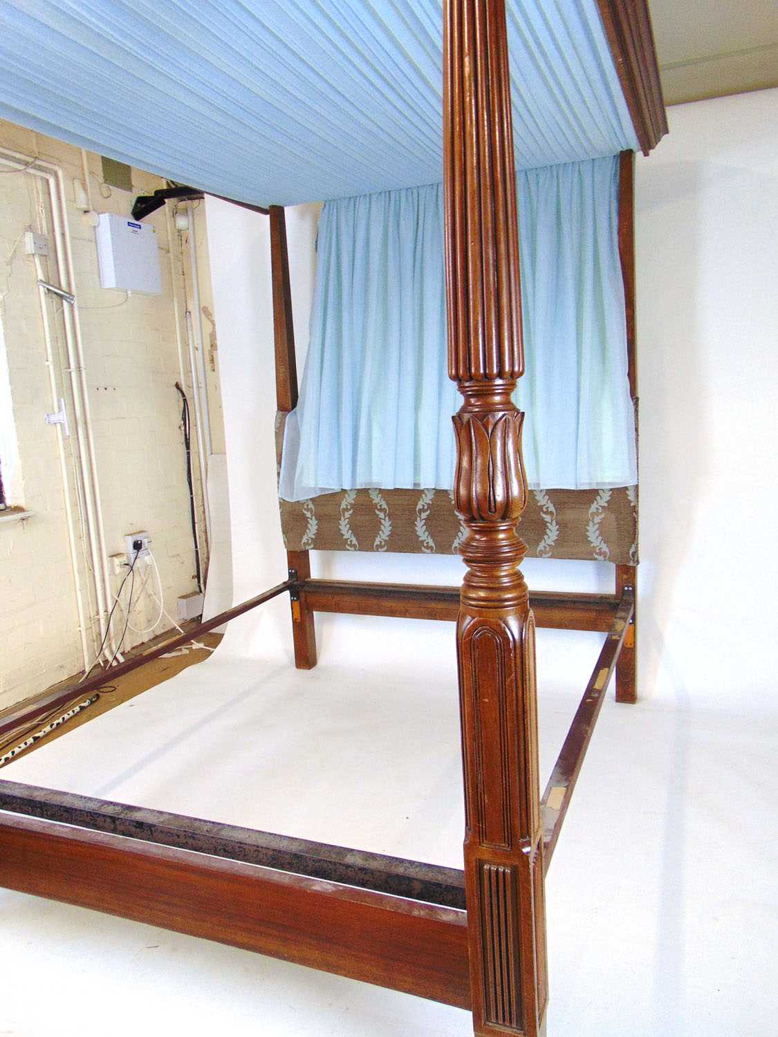A 19th century and later mahogany full tester four poster bed, the top with pleated blue fabric over - Image 3 of 4
