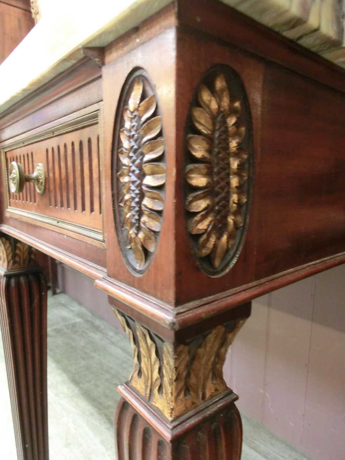 A late 18th century mahogany, parcel gilt, brass mounted, and marble topped sideboard, the yellow - Bild 14 aus 14