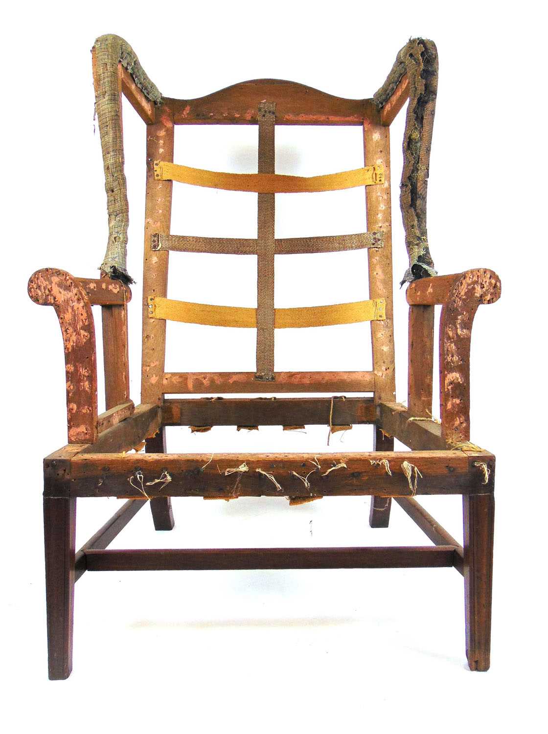 An 18th century mahogany and oak wing armchair frame, h. 120 cm, w. 80 cm, d. 80 cmNeeds