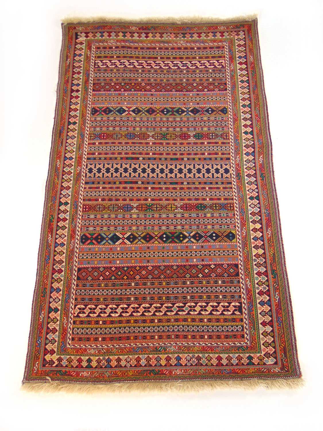 A handwoven Persian (?) rug, the multi line border surrounding the striped field, 214 cm x 128 cm - Image 2 of 2