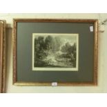 A framed etching of cows in lake scene after Thomas Gainsborough