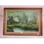 A framed oil on board of mountainous lake scene signed Faraday