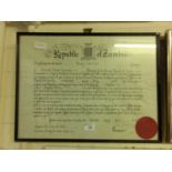 A framed and glazed Republic of Zambie military presentation certificate