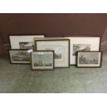 Seven framed and glazed prints, mainly of buildings