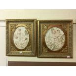 A pair of ornate gilt framed moulded plaques of classical ladies with cherubs