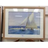 A framed and glazed print on fabric of sailing vessel passing seagulls after Hopper