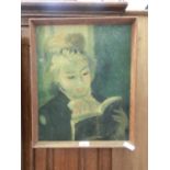 A mid-20th century oak framed print of lady reading book