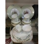 A part Minton tea set together with two Shelley collector's plates with church design