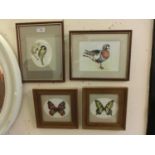 A pair of framed and glazed watercolours of birds together with framed and glazed watercolours of