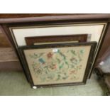 A framed and glazed needlework of still life together with a photograph of a lady and a print of a