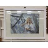 A framed and glazed watercolour of young girl with bird on hand signed bottom right