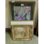 A framed and glazed watercolour of flowers along with a watercolour of cottage scene and an oil of