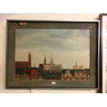 A framed oil on canvas of city rooftop scene signed Stonefield