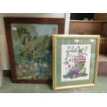 Two framed and glazed tapestries to include cottage scene and still life