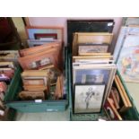 Two trays containing an assortment of framed and glazed, unframed, prints, paintings, etc