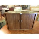 A mid-20th century design walnut tamber fronted record cabinet