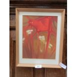 A framed oil on board of abstract clown signed Olivia Haywood '62