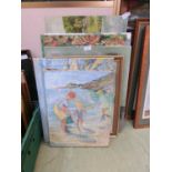 A collection of unframed oil on canvases of beach scenes, elegant lady, countryside, etc