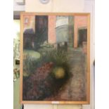 A framed oil on canvas of garden before house scene