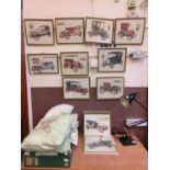 A set of thirteen framed and glazed prints of early 20th century motor vehicles to include Ford,