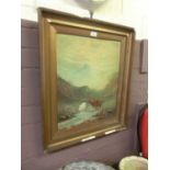 A gilt framed oil on board of highland cattle in stream signed C.Jones