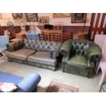 A green leather upholstered Chesterfield settee together with a green leather button back tub chair