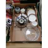 A tray containing a part coffee set, glass bowl, barometer in the form of a ship's wheel, etc