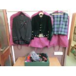 Scottish dress items to include two kilts, a green velvet jacket, sporrans, shoes, etcBoth kilts