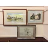 Three framed and glazed watercolours of cottages and countryside scenes