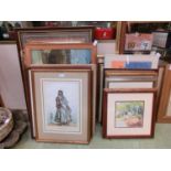 A large quantity of framed and glazed prints, watercolours, etc, on building and countryside scenes