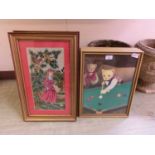 Four framed and glazed prints of teddy bears playing snooker along with two needleworks
