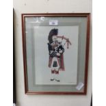 A framed and glazed pen and ink drawing of bagpipe player signed C.C.M.Bristo