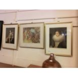 Two framed and glazed prints of regal ladies together with a framed and glazed Russell Flint print
