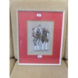 A framed and glazed artwork on fabric of two shire horses signed K.Calcutt