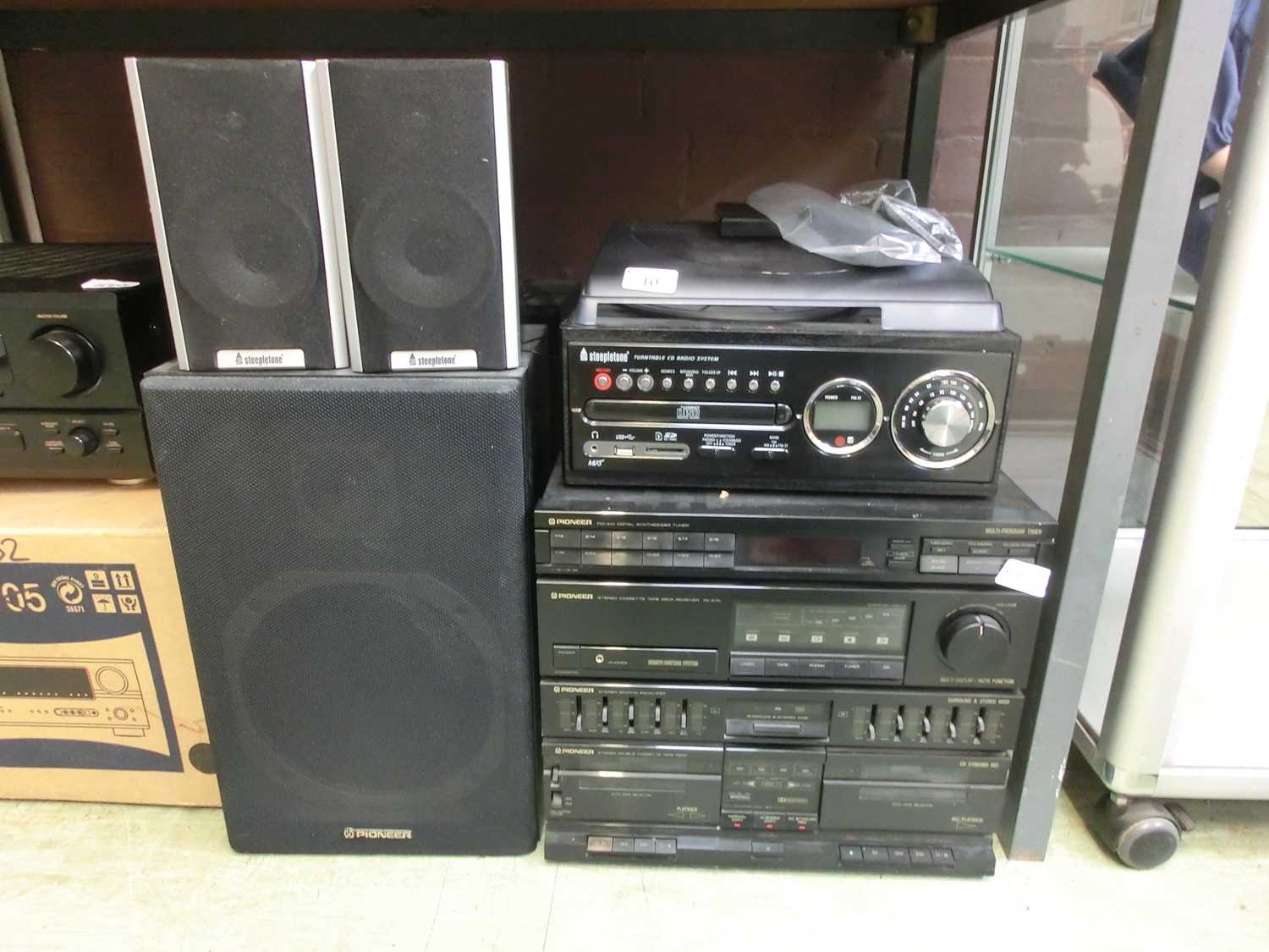 A Steepletone record deck with tuner unit together with Pioneer stereo speaker etc.