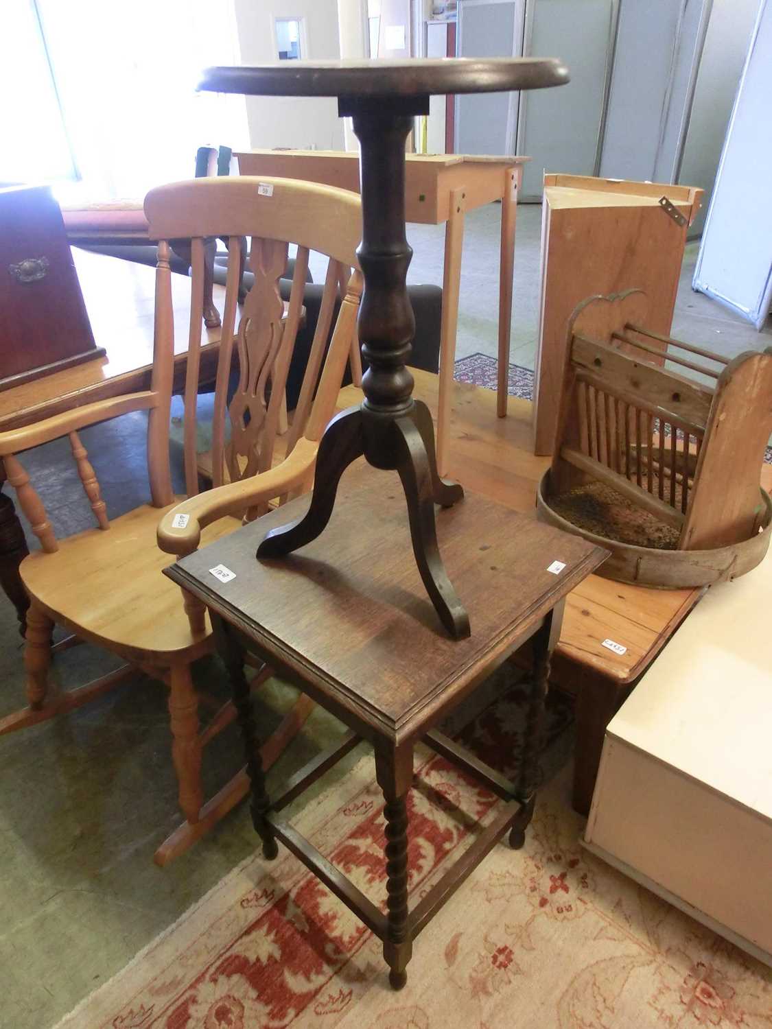 A mid-20th century oak occasional table with barley twist legs together with a stained pine wine