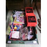 A tray containing a quantity of children's items to include trading cards, toys, stationery, etc