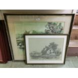 A framed and glazed painting of bridge scene along with a framed and glazed monochrome print