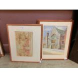Four framed and glazed watercolours to include gatehouse scene, street scene, etc