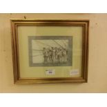 A framed and glazed pencil drawing of 17th century soldiers